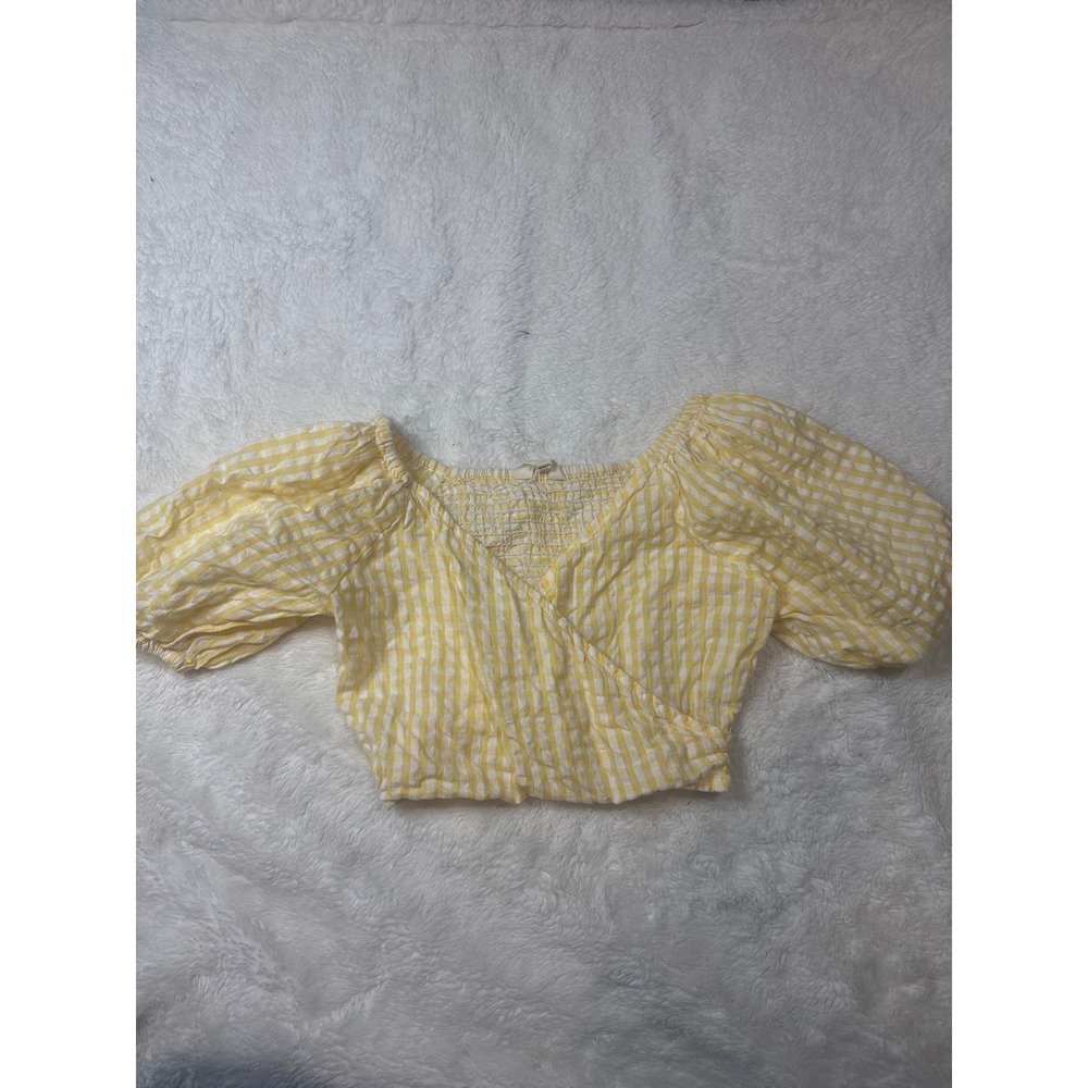 Sim & Sam Crop Top Women XS Yellow Excellent Gingham Puff Sleeve Smocked Blouse